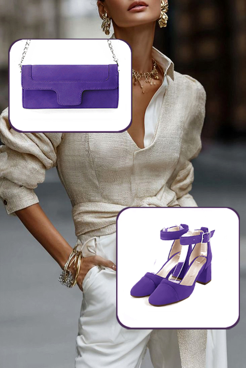 Dress heels closed-back ankle strap in violet purple leather with medium flare heels and round toe - Worn view